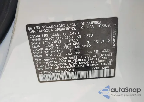 2021 Volkswagen Atlas Cross Sport 2.0T Se z USA, uszkodzony, nr VIN 1V2DC2CA5MC202019